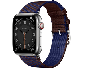 苹果Apple Watch Series 8 Hermès 银色不锈钢表壳Jumping Single Tour 表带 Rouge Sellier/Bleu Saphi