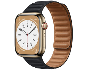 苹果Apple Watch Series 8金色不锈钢表壳皮制链式表带 午夜色 S/M号+蜂窝网络 41mm