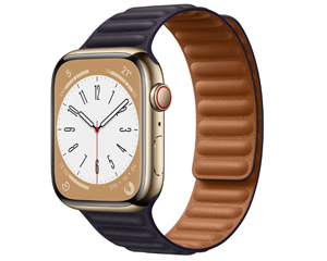 苹果Apple Watch Series 8金色不锈钢表壳皮制链式表带 浓墨色 M/L号+蜂窝网络 45mm